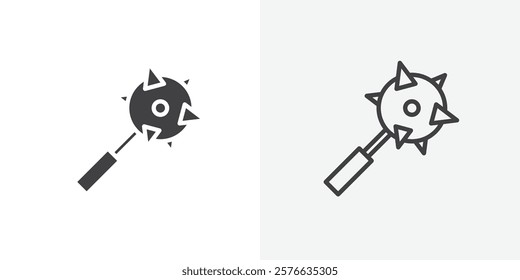 Mace icon set in black flat solid and outlined style.