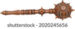 a mace made of wood, decorated with ornaments, carvings, floral patterns in yellow-blue tones, with a red stone in the center of a large carved flower, with thorns on the pommel and handle