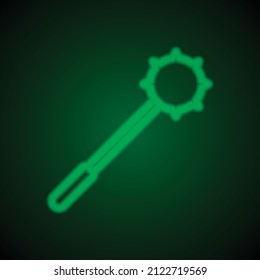Mace simple icon. Flat desing. Green neon on black background with green light.ai