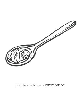Mace spice in hand drawn black outline, shown as a dried aril in a wooden spoon. Menu, packaging and stamp design feature mace spice, vector illustration.