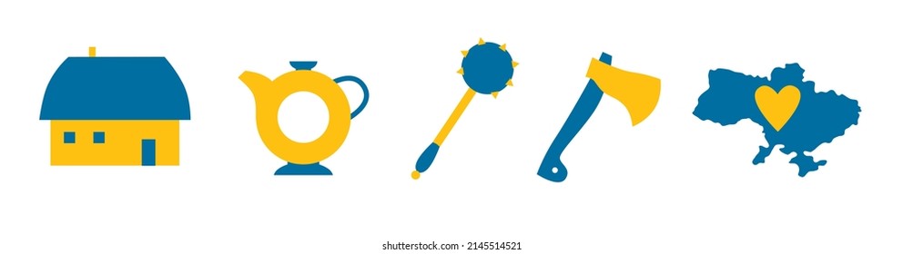Mace weapon, The contour of Ukrainian map, viburnum, Ukrainian house.Ukrainian icon set blue yellow color theme. vector. The concept of peace in Ukraine. Illustration for design and web. Ukraine art. 