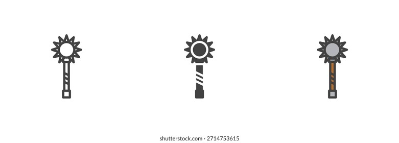 Mace Waffe mittelalterlichen stumpfen Werkzeug verschiedenen Stil Symbol-Set. Linie, ausgefüllte Kontur und einfarbiges Vektorsymbol. Stachelklubsymbol, Ritterzeichen.