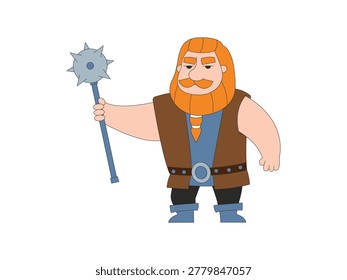 Mace wielder, long red hair, no helmet, brown vest, holding a spiked mace.