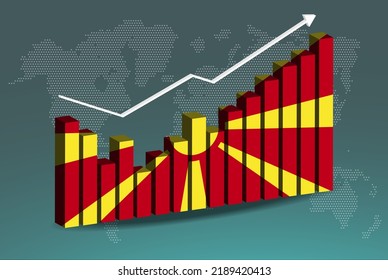 Macedonia 3D bar chart graph with ups and downs, increasing values, Macedonia country flag on 3D bar graph, upward rising arrow on data, news banner idea, developing country concept