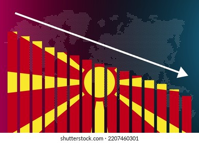 Macedonia bar chart graph, decreasing values, crisis and downgrade concept, Macedonia flag on bar graph, down arrow on data, news banner idea, fail and decrease, financial statistic
