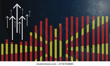 Gráfico de barras de Macedonia con altibajos, valores crecientes, bandera del país de Macedonia en el gráfico de barras, flecha ascendente hacia arriba en los datos, idea de Anuncio de noticias, concepto de país en desarrollo
