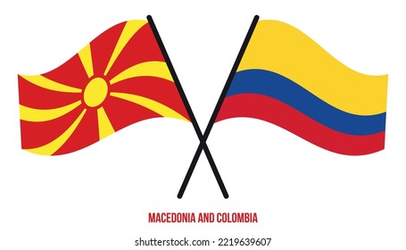 Macedonia and Colombia Flags Crossed And Waving Flat Style. Official Proportion. Correct Colors.