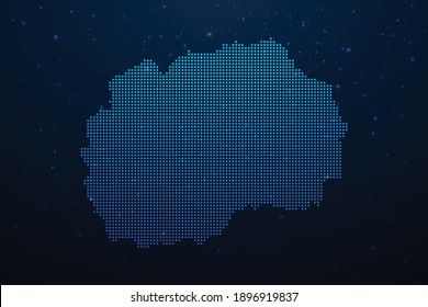 Macedonia dotted map in futuristic style, glowing outline made of stars lines dots. Communication, internet technologies concept on dark blue space background. Vector illustration.