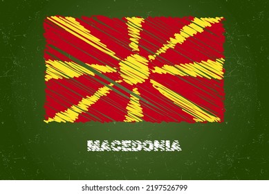 Macedonia flag with chalk effect on green chalkboard, hand drawing country flag concept, green blackboard with Macedonia flag, chalk texture, flag for kids, classroom material
