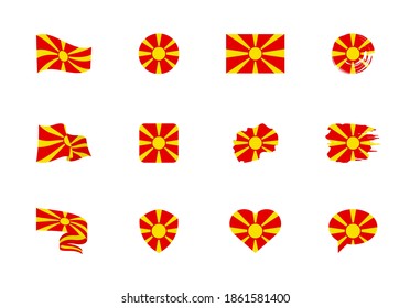 Macedonia flag - flat collection. Flags of different shaped twelve flat icons. Vector illustration set