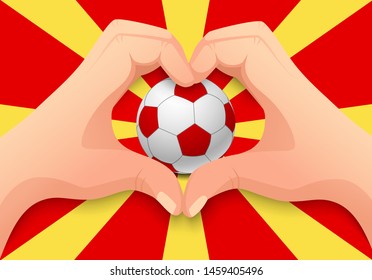 Macedonia flag and hand heart shape. National football background. Soccer ball with flag of Macedonia vector illustration