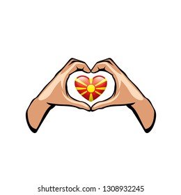 Macedonia flag and hand on white background. Vector illustration