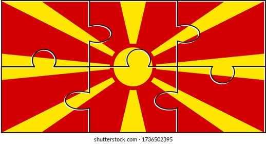 Rompecabezas de la Bandera de Macedonia. Ilustración vectorial. 6 rompecabezas. Rompecabezas simples para niños