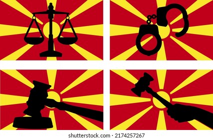 Macedonia flag with justice vector silhouette, judge gavel hammer and scales of justice and handcuff silhouette on country flag, Macedonia law concept, design asset, freedom idea