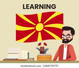 Macedonia flag with a male teacher, learning or teaching Macedonia language, bearded man with glasses and country flag vector design, language school concept