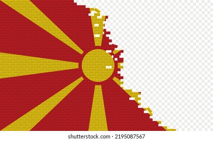 Bandera de Macedonia en una pared de ladrillo roto. Campo de bandera vacío de otro país. Comparación de países. Fácil edición y vector en grupos.