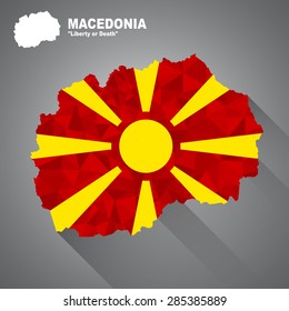 Macedonia flag overlay on Macedonia map with polygonal and long tail shadow style (EPS10 art vector)