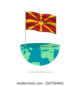 Poste de la bandera de Macedonia en el globo. Bandera ondeando alrededor del mundo. Fácil edición y vector en grupos. Ilustración vectorial de bandera nacional sobre fondo blanco.