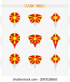 Macedonia flag, set of location pin icons of Macedonia flag. Vector illustration of national symbols.