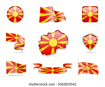 Macedonia Flags Collection. Flags and contour map. Vector illustration