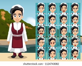 Macedonia Folk Girl Cartoon Emotion faces Vector Illustration