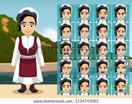 Macedonia Folk Girl Cartoon Emotion faces Vector Illustration