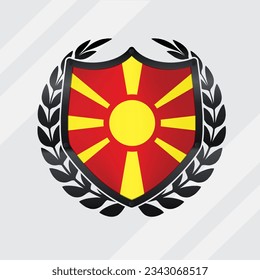 Macedonia Glossy Black Shield Flag With Rounding Leaf Wreath 
