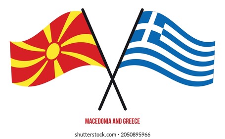 Macedonia and Greece Flags Crossed And Waving Flat Style. Official Proportion. Correct Colors.