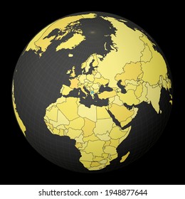Macedonia highlighted on a dark globe with a yellow world map. Satellite world projection centered on Macedonia. Elegant vector illustration.