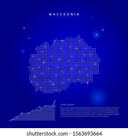 Macedonia illuminated map with glowing dots. Infographics elements. Dark blue space background. Vector illustration. Growing chart, lorem ipsum text.