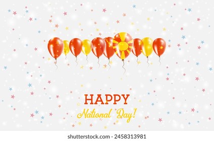 Macedonia Independence Day Sparkling Patriotic Poster. Row of Balloons in Colors of the Macedonian Flag. Greeting Card with National Flags, Confetti and Stars.