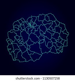 Macedonia map: blue glitter outline with sparkling stars on dark background. Detailed map of Macedonia. Vector illustration.