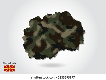 mapa macedonio con patrón de camuflaje, textura bosque - verde en el mapa. Concepto militar para el ejército, los soldados y la guerra. escudo de armas, bandera.