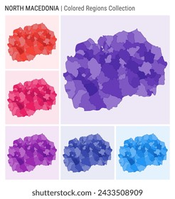 Mapa de Macedonia. Forma de país con regiones de color. Paletas de colores Deep Purple, Red, Pink, Purple, Indigo, Blue. Frontera de Macedonia con las provincias para su infografía. Ilustración vectorial.