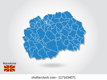 macedonia map design with 3D style. Blue macedonia map and National flag. Simple vector map with contour, shape, outline, on white.