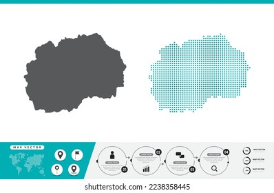 Mapa macedonio de puntos grises y verdes para presentación. Establece el concepto creativo de un par de píxeles para infografía.