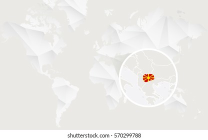 Macedonia map with flag in contour on white polygonal World Map. Vector Illustration.