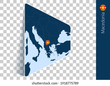 Macedonia map and flag on transparent background. Highlighted Macedonia on blue vector map.