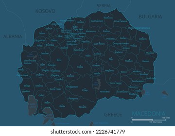 Macedonia map. High detailed map of Macedonia with countries, borders, cities, water objects. Vector illustration eps10.