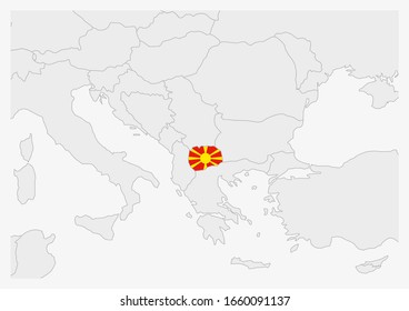 Macedonia map highlighted in Macedonia flag colors, gray map with neighboring countries.