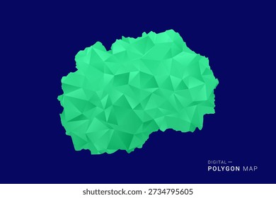 Mapa de Macedonia - Vector de bajo polígono polivinílico, silueta triangulada geométrica en tonos verdes y azules, estilo moderno limpio, fondo aislado para uso infográfico.