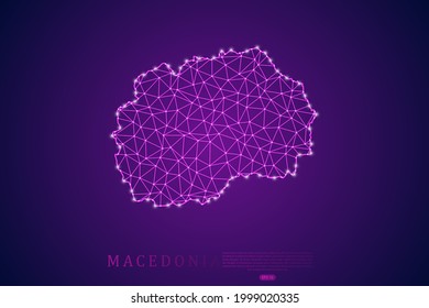 Mapa de Macedonia de la línea de purga y escalas puntuales sobre el fondo de la tecnología púrpura. Malla 3D del marco de cables línea de red poligonal, esfera de diseño, punto y estructura - Ilustración vectorial eps 10