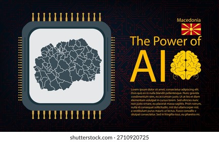 macedonia mapa con guerra de microchip y concepto de IA en placa de circuito, Poder de la IA con mapa de país. Conectividad global con big data. Diseño para fondos de interfaz de usuario o proyectos FinTech.