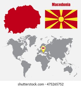 Macedonia map on a world map with flag and map pointer. Vector illustration