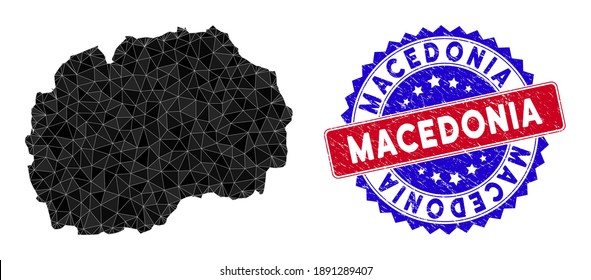 Macedonia map polygonal mesh with filled triangles, and rough bicolor stamp seal. Triangle mosaic Macedonia map with mesh vector model, triangles have different sizes, and positions, and color tints.