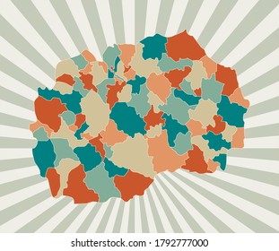 Macedonia map. Poster with map of the country in retro color palette. Shape of Macedonia with sunburst rays background. Vector illustration.