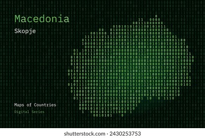 Macedonia Map Shown in Binary Code Pattern. Matrix numbers, zero, one. World Countries Vector Maps. Digital Series