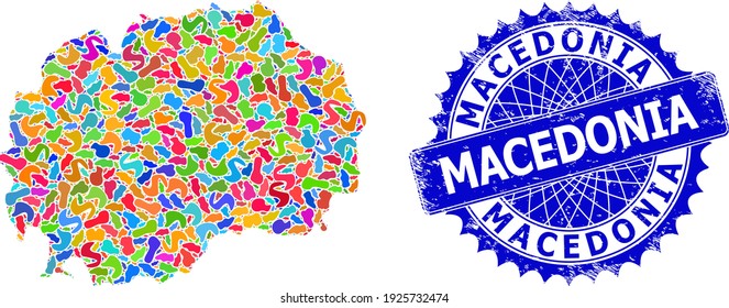 Macedonia map vector image. Blot pattern map and unclean stamp seal for Macedonia. Sharp rosette blue stamp with tag for Macedonia map. Mosaic vector Macedonia map is formed with random bright blots.