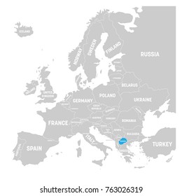 Macedonia marked by blue in grey political map of Europe. Vector illustration.