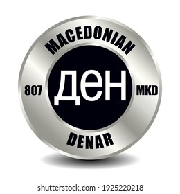 Macedonia money icon isolated on round silver coin. Vector sign of currency symbol with international ISO code and abbreviation